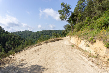 Fototapeta na wymiar Dirt trail between mountains on a sunny day 