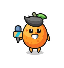 Character mascot of kumquat as a news reporter