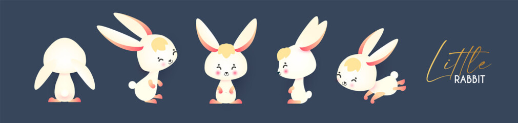 Cute white rabbit collection, sitting, jumping, smiling. Cartoon character set. Happy Mid Autumn Festival design.