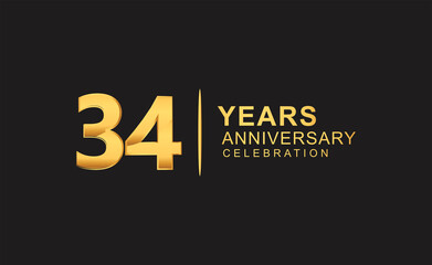 34th years anniversary celebration design with golden color isolated on black background for celebration event