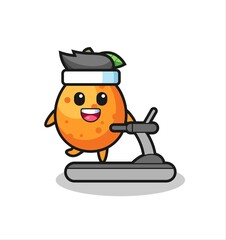 kumquat cartoon character walking on the treadmill