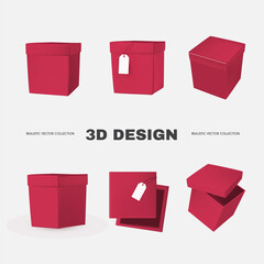 3D box collection in different view. Delivery and gift boxes realistic design isolated on white.