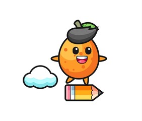 kumquat mascot illustration riding on a giant pencil