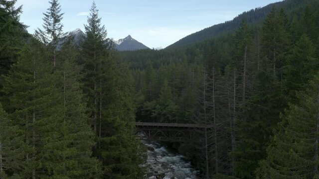 Aerial View of River, Train Trestle in Green Forest. Mountains in Background. Dolly Push In