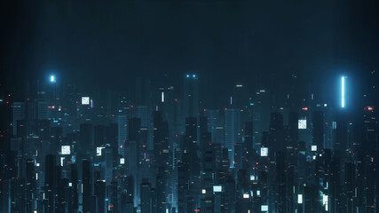 3D Rendering of futuristic virtual sci fi city. Many high sky scrapper building towers.  Concept for night life, business vision, cyberpunk, technology product background
