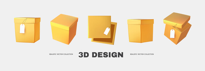3D box collection in different view. Delivery and gift boxes realistic design isolated on white.