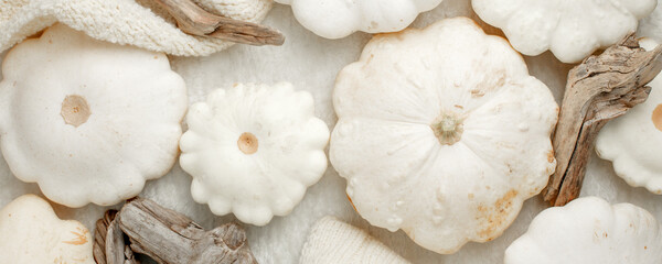 Autumn fall composition. Feminine desk table with knitted scarf and white squash pumpkin on white...