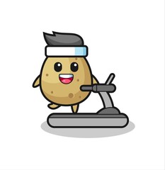 potato cartoon character walking on the treadmill