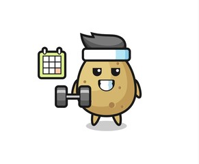 potato mascot cartoon doing fitness with dumbbell