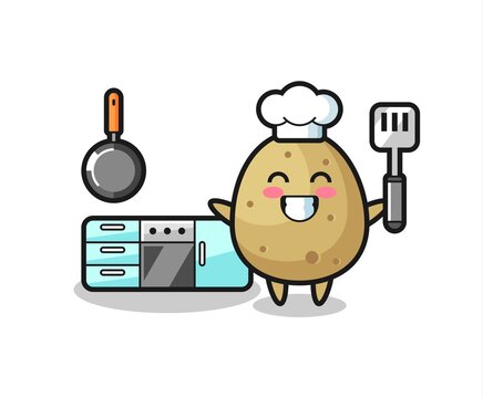 potato character illustration as a chef is cooking