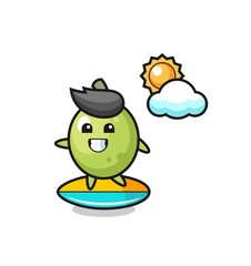 Illustration of olive cartoon do surfing on the beach