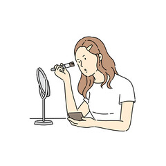 メイクをする女性、出勤前、朝、化粧