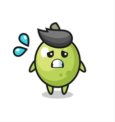 olive mascot character with afraid gesture
