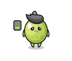 olive mascot character doing a tired gesture