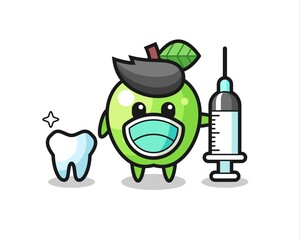 Mascot character of green apple as a dentist