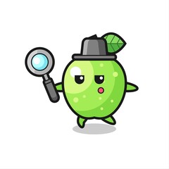 Obraz premium green apple cartoon character searching with a magnifying glass