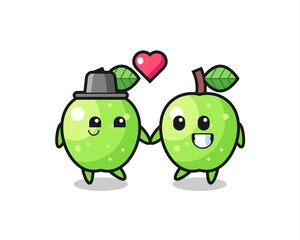 green apple cartoon character couple with fall in love gesture
