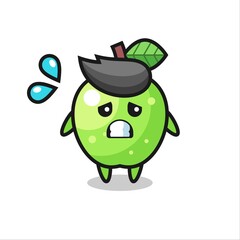 green apple mascot character with afraid gesture