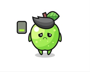 green apple mascot character doing a tired gesture