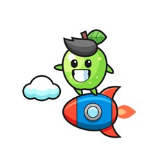 green apple mascot character riding a rocket