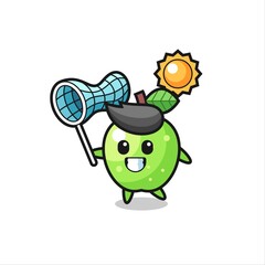 green apple mascot illustration is catching butterfly