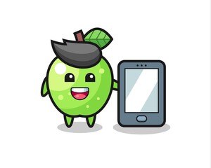 green apple illustration cartoon holding a smartphone