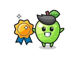 green apple mascot illustration holding a golden badge