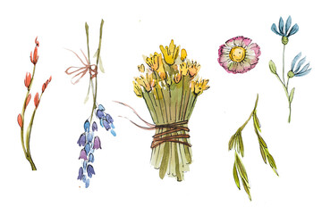 Watercolor illustration from a set of natural organic cosmetics. Pattern, frame. Organic olive oil, lavender and aroma candles. Meditation stones and calendula and rosemary.