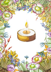 Watercolor illustration from a set of natural organic cosmetics. Pattern, frame. Organic olive oil, lavender, aroma candles. Meditation stones, calendula and rosemary.