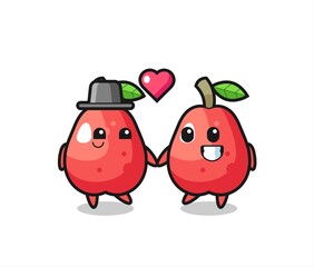 water apple cartoon character couple with fall in love gesture