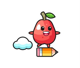 water apple mascot illustration riding on a giant pencil