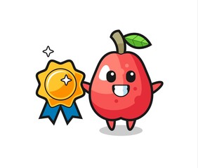 water apple mascot illustration holding a golden badge
