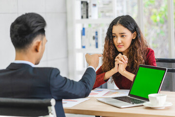 Scene of Furious boss scolding asian young couple businesswoman in formal suit by point to her face in modern office, Business mistake and punish concept
