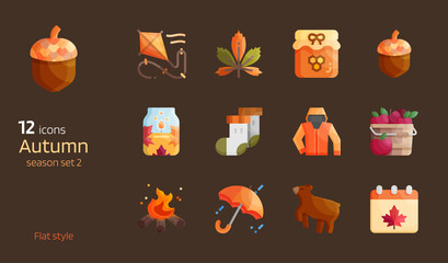 autumn seasonal flat design icon set. Detailed glossy style for decorative