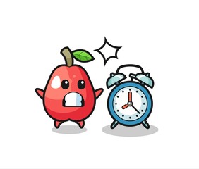 Cartoon Illustration of water apple is surprised with a giant alarm clock