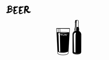 Beer Illustration. Vector editable black and white illustration of a beer bottle and a beer glass