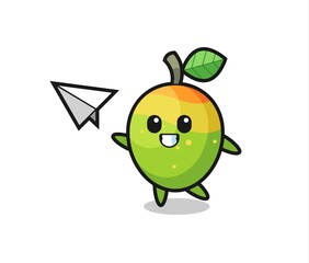 mango cartoon character throwing paper airplane