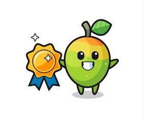 mango mascot illustration holding a golden badge