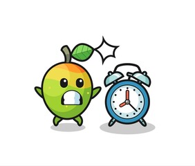 Cartoon Illustration of mango is surprised with a giant alarm clock