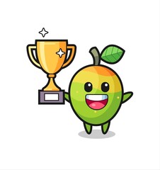 Cartoon Illustration of mango is happy holding up the golden trophy