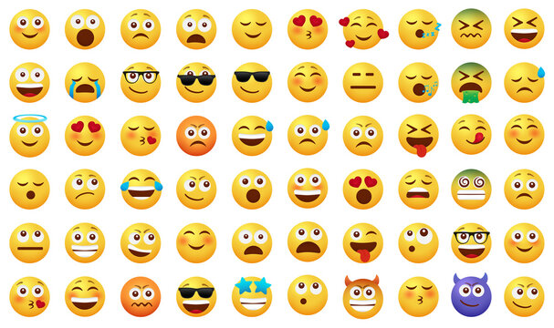 Smileys emoticon vector set. Smiley emoji with happy, funny, sad and in love facial expressions isolated in white background for emoticons icon cartoon collection design. Vector illustration
