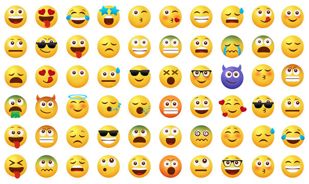 Emoticon smileys vector set. Emoji face icon smiley with smiling, kissing and sick facial expressions isolated in white background for cute emoticons cartoon collection design. Vector illustration
