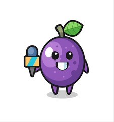 Character mascot of passion fruit as a news reporter