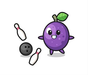 Character cartoon of passion fruit is playing bowling