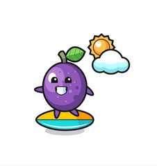 Illustration of passion fruit cartoon do surfing on the beach