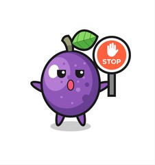 passion fruit character illustration holding a stop sign