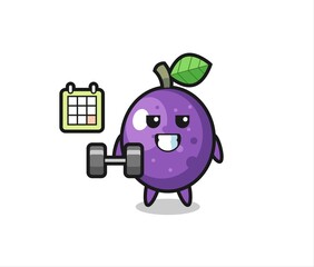 passion fruit mascot cartoon doing fitness with dumbbell
