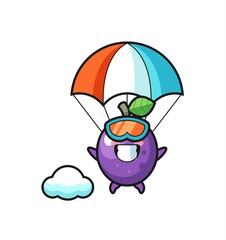 passion fruit mascot cartoon is skydiving with happy gesture