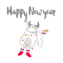 Congratulatory New Year card with a bull in felt boots. A cute animal wrapped in a garland hanging from the letters. Holds a lighted fireworks in his mouth. Funny festive character.