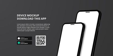 landing page banner advertising for downloading app for mobile phone, 3D double smartphone device mockup. Download buttons with scan qr code template. - obrazy, fototapety, plakaty